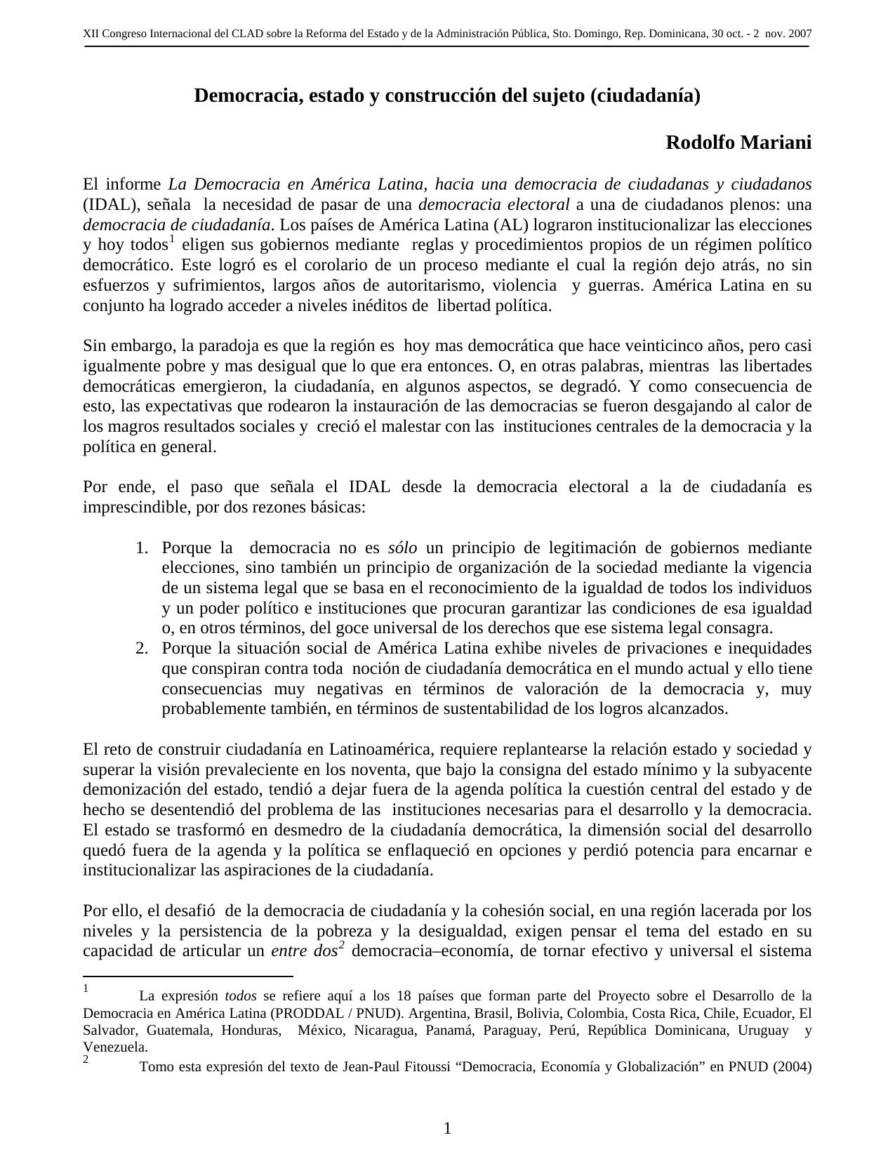 Democracia, estado y construccion del sujeto (Ciudadania)